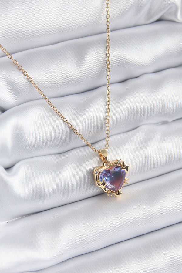 BKO8210 - 316L Çelik Zincir Gold Renk Mor Renk Zirkon Taşlı Kalp Model Kadın Kolye
