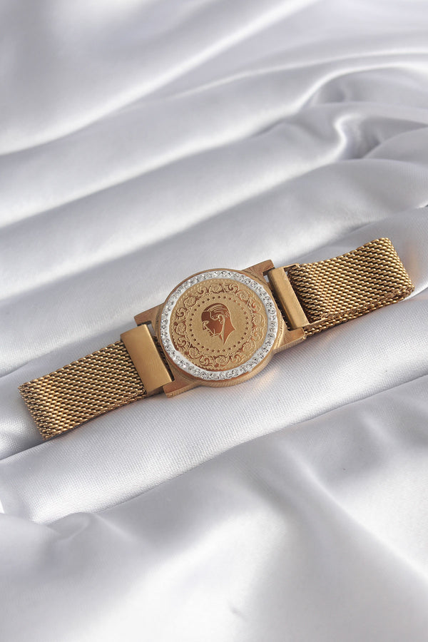 BB5820 - 316L Çelik Gold Renk Mıknatıslı Hasır Zirkon Taşlı Çeyrek Altın Model Kadın Bileklik