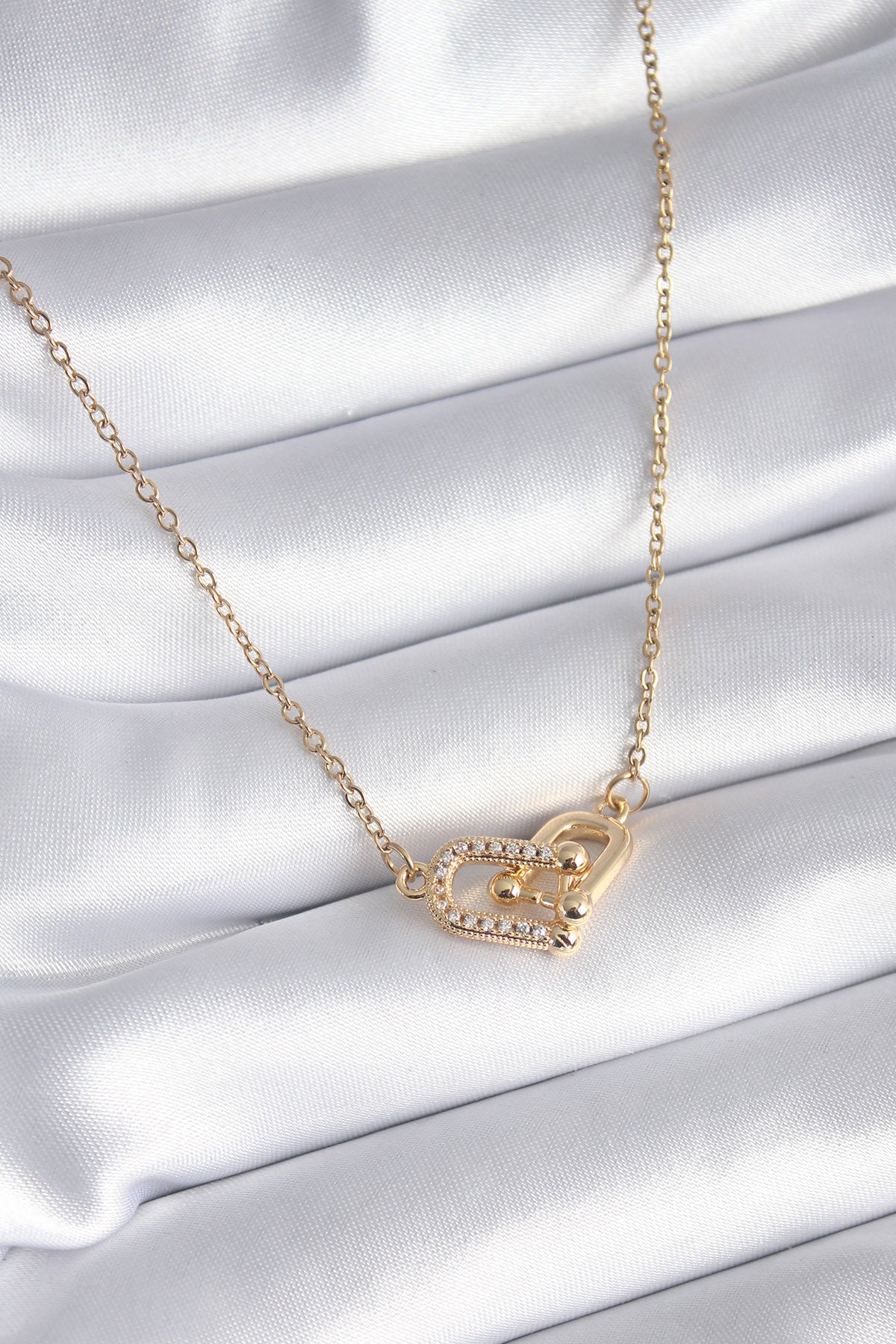 316L Çelik Gold Renk Zirkon Taşlı Model Kadın Kolye - BKO8252