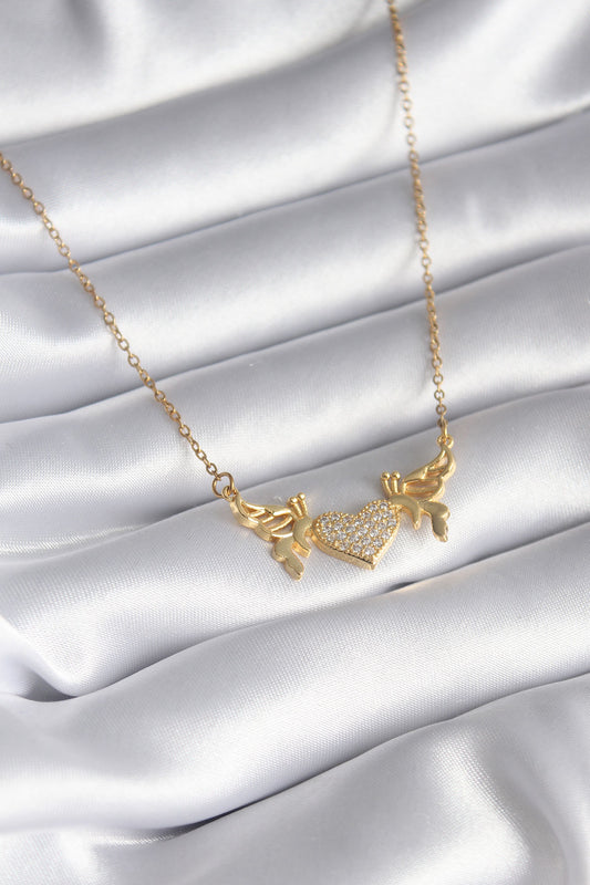 316L Çelik Gold Renk Zirkon Taşlı Kanatlı Kalp Model Kadın Kolye - BKO8290