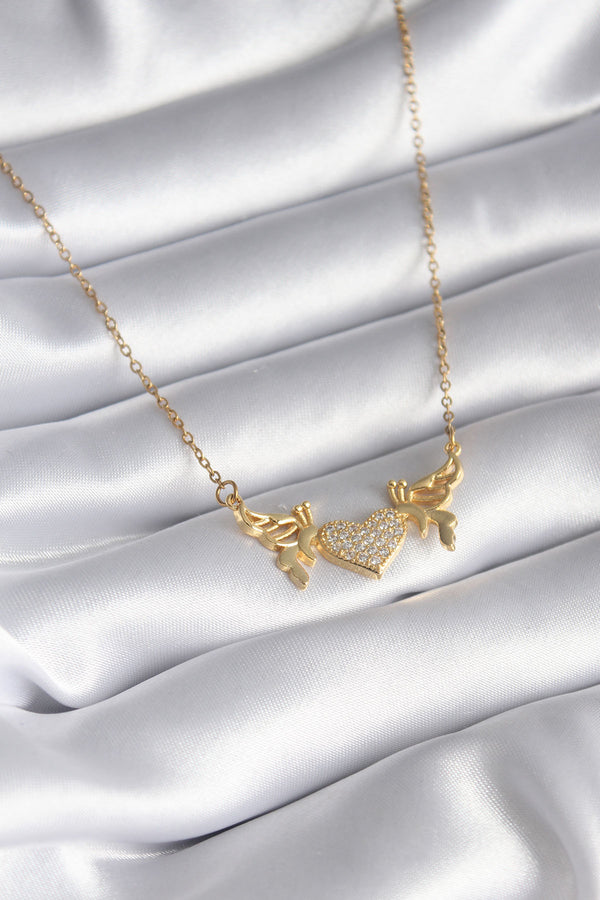 BKO8290 - 316L Çelik Gold Renk Zirkon Taşlı Kanatlı Kalp Model Kadın Kolye