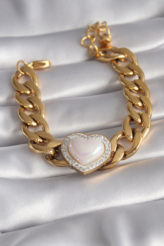 316L Çelik Gold Renk Pembe 3D Kalp Model Zirkon Taşlı Kadın Bileklik - BB5923