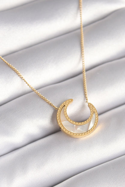 316L Çelik Gold Renk Beyaz Sedefli Hilal Model Kadın Kolye - BKO8362