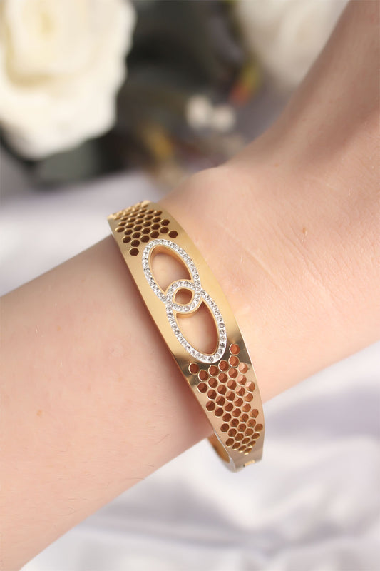 BB6022 - 316L Çelik Gold Renk Zirkon Taşlı Kadın Kelepçe Bilezik