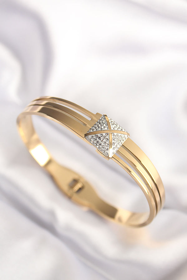BB6024 - 316L Çelik Zirkon Taşlı Gold Renk Kadın Kelepçe Bilezik