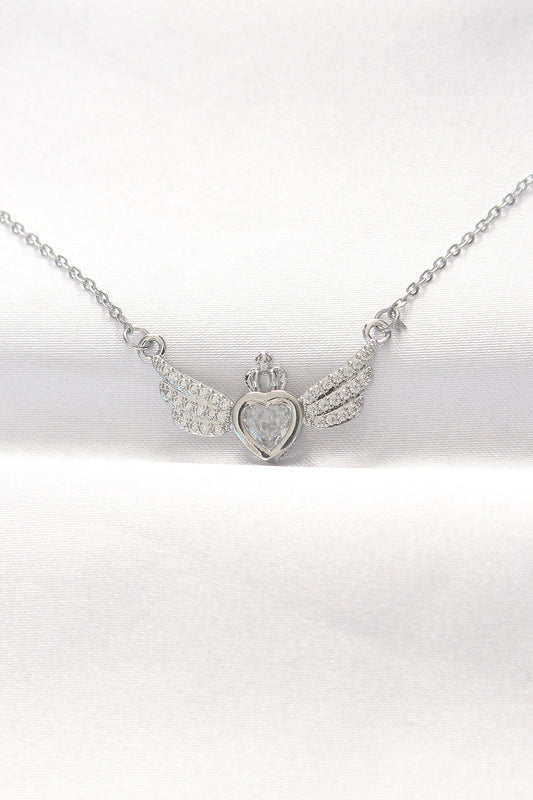 316L Çelik Silver Renk Zirkon Taşlı Kalpli Kanat Kolye - BKO8515