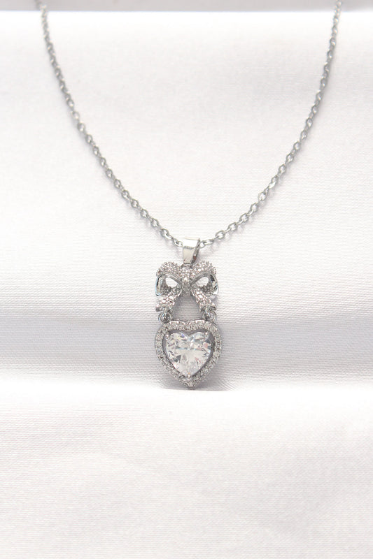 316L Çelik Silver Renk Zirkon Taşlı Kalpli Fiyonk Kolye - BKO8519