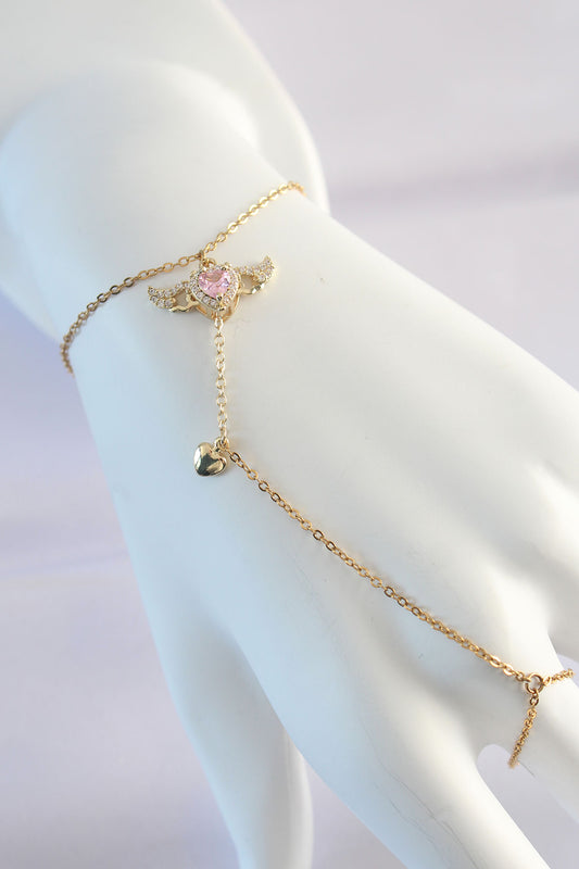 316L Çelik Gold Renk Pembe Zirkon Taşlı Kanatlı Kalp Model Şahmeran - SN585