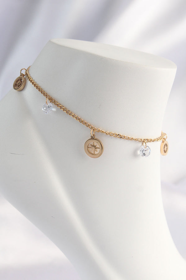 HH1620 - 316L Çelik Gold Renk Zirkon Taşlı Yıldızlı Halhal