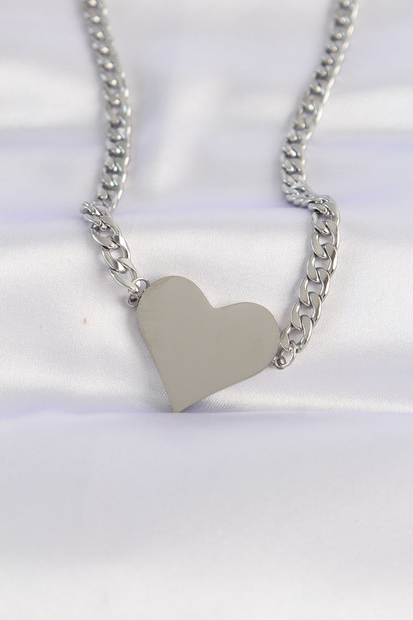 BKO8643 - 316L Çelik Zincir Gümüş Renk Düz Plaka Kalp Kolye