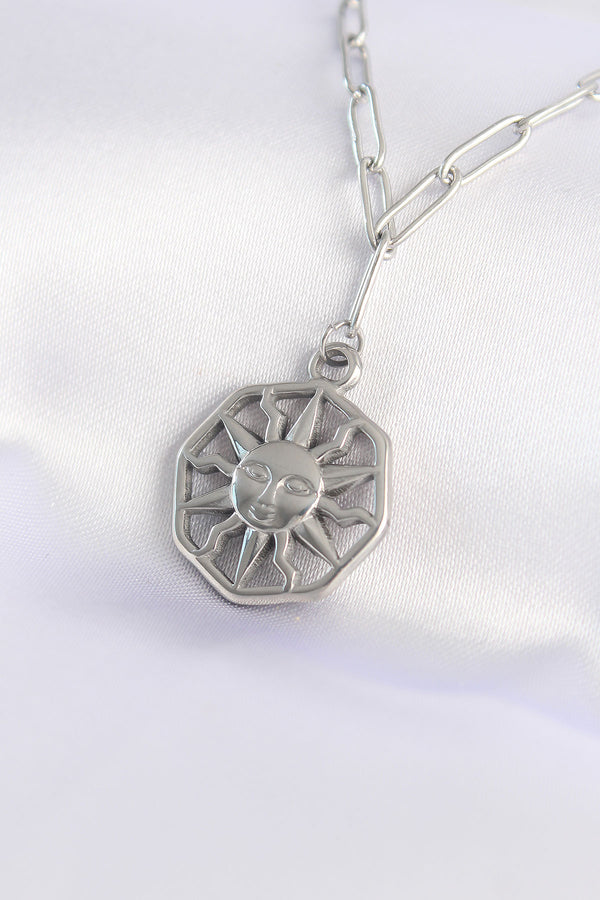 BKO8645 - 316L Çelik Zincir Gümüş Renk Güneş Kolye