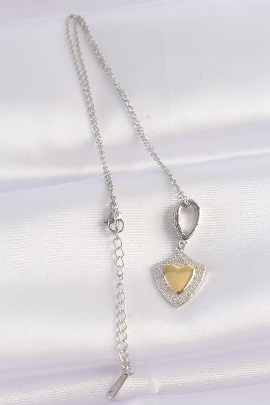 BKO8661 - 316L Çelik Zincir Gümüş Renk Zirkon Taşlı Tasarım Altın Renk Kalp Kolye