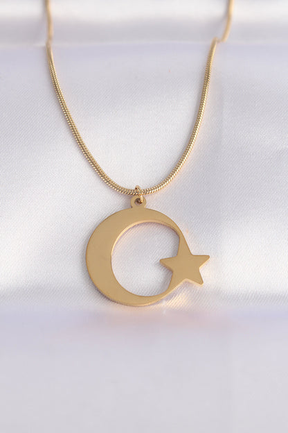 BKO8699 - 316L Çelik Zincir Gold Renk Ay Yıldız Unisex Kolye