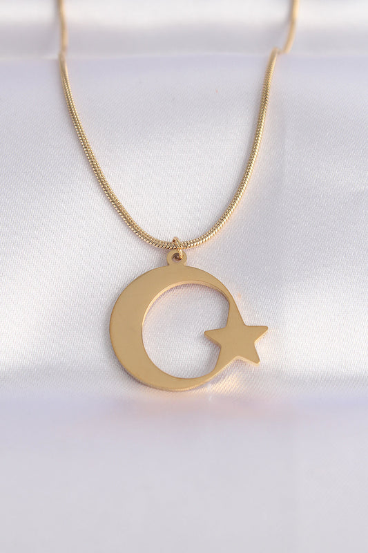 BKO8699 - 316L Çelik Zincir Gold Renk Ay Yıldız Unisex Kolye