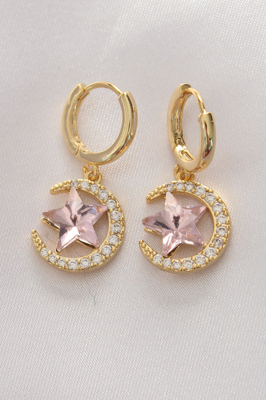 Pirinç Gold Renk Pembe Zirkon Taşlı Yıldız Detay Ay Küpe - BKP8965