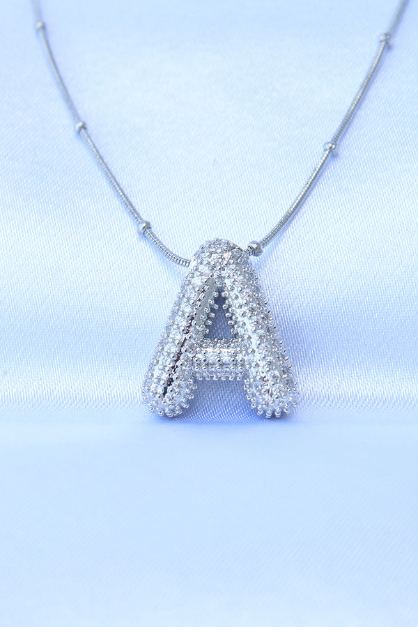 BKO8729 - 316L Çelik Zincirli Zirkon Taşlı A Harfli Gümüş Renk Bubble Kolye