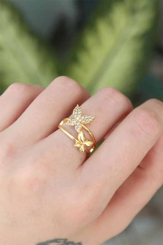 Pirinç Gold Renk Ayarlanabilir Zirkon Taşlı Kelebek Yüzük - BYK3190