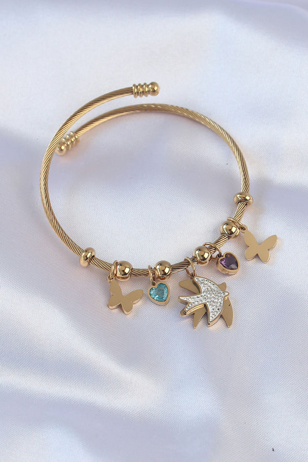 BB6091 - 316L Çelik Gold Renk Zirkon Taşlı Minimal Kalp Detay Kelebek Charm Bileklik