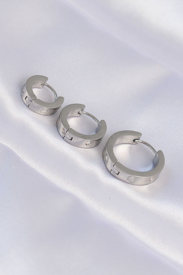 BKP9008 - 316L Çelik Gümüş Renk Zirkon Taşlı Model 3lü Halka Küpe