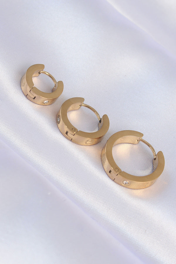 BKP9009 - 316L Çelik Gold Renk Zirkon Taşlı Model 3lü Halka Küpe