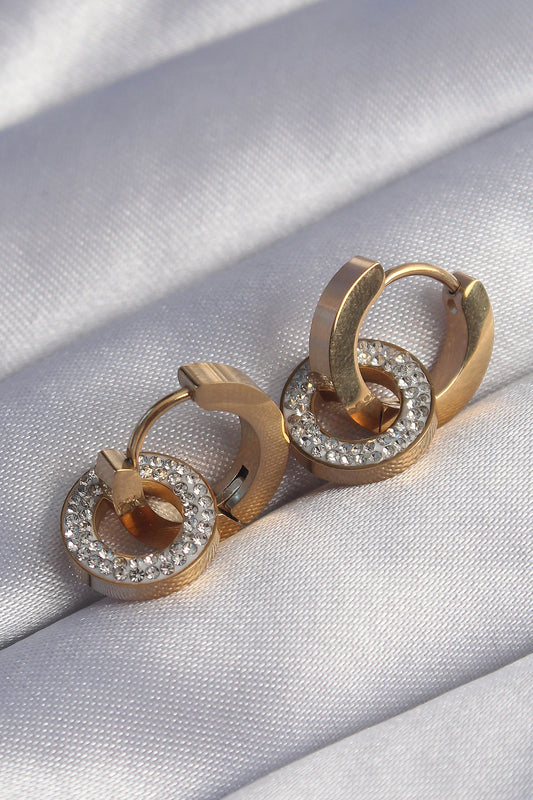 BKP9014 - 316L Çelik Gold Renk Zirkon Taşlı İç İçe Geçmeli Oval Küpe
