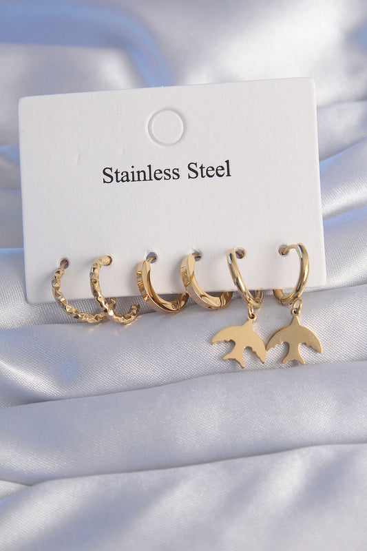 BKP9030 - 316L Çelik Gold Renk Oval Tasarım Kuş Model Küpe Seti