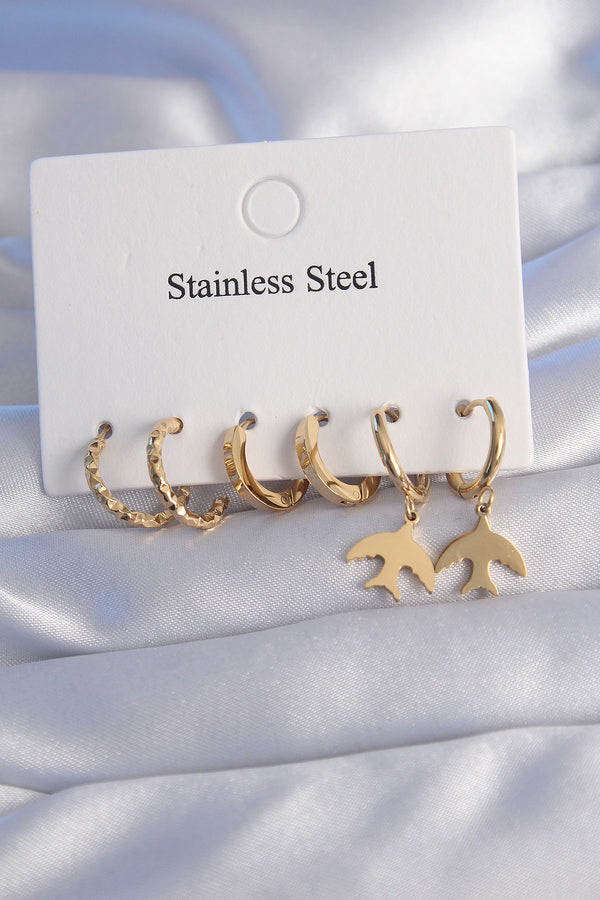 BKP9030 - 316L Çelik Gold Renk Oval Tasarım Kuş Model Küpe Seti