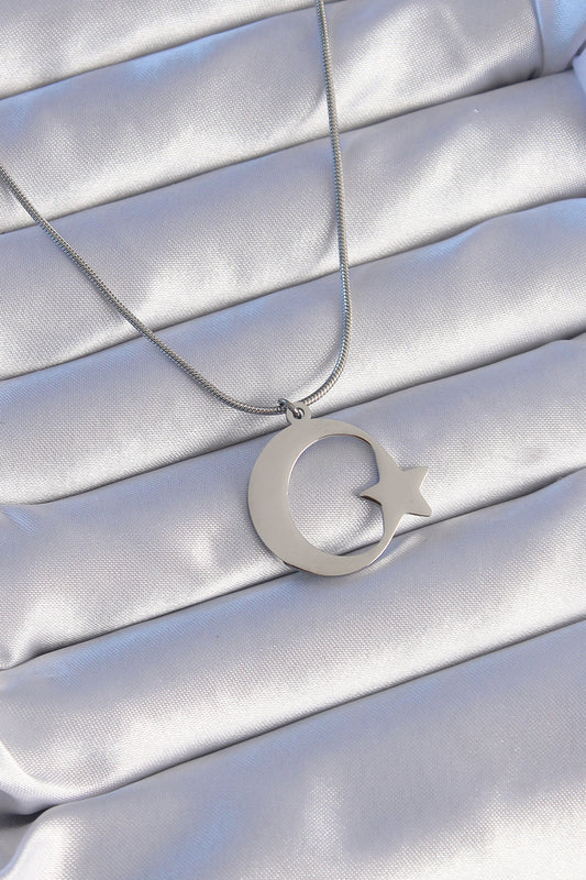 BKO8882 - 316L Çelik Gümüş Renk Ay Yıldız Model Unisex Kolye