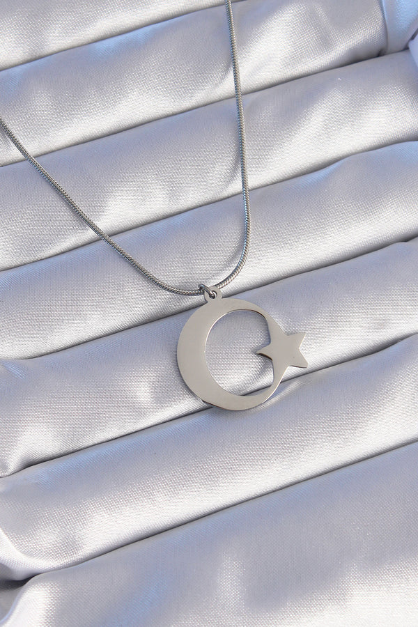 BKO8882 - 316L Çelik Gümüş Renk Ay Yıldız Model Unisex Kolye