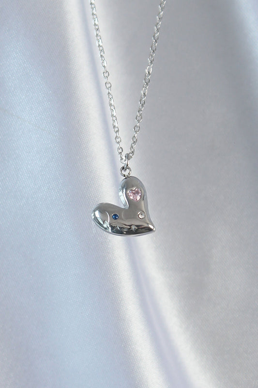 BKO8906 - 316L Çelik Zincir Gümüş Renk Renkli Zirkon Taşlı Kalp Kolye