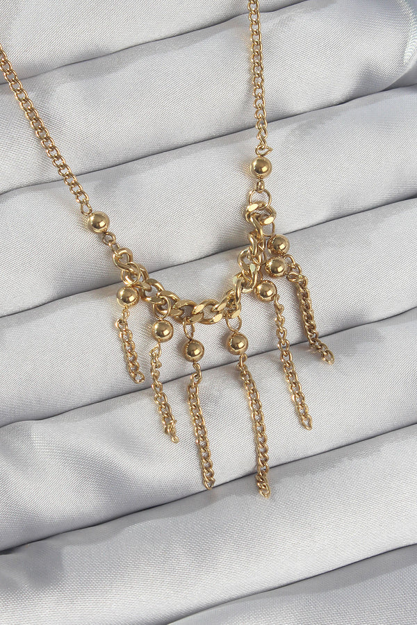 BKO8911 - 316L Çelik Zincir Gold Renk Topçuk Detay Sallantılı Zincir Kolye