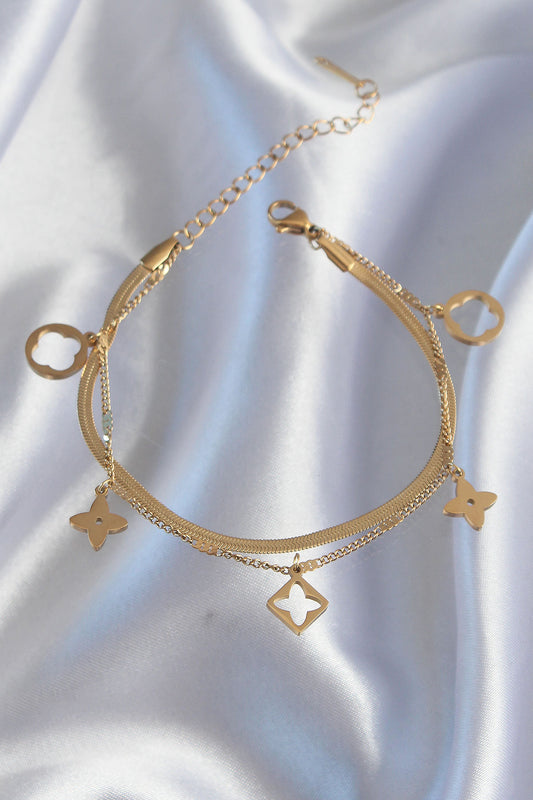 BB6181 - 316L Çelik Gold Renk Çift Zincir Yonca Tasarım Bileklik