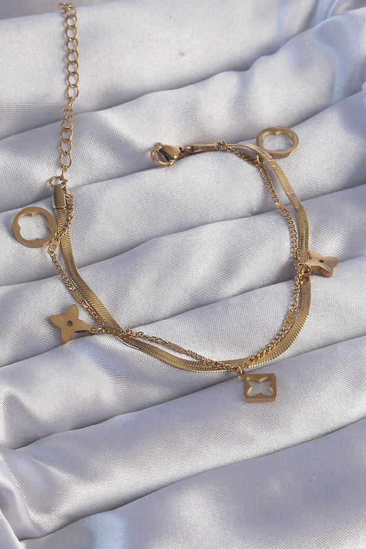 BB6181 - 316L Çelik Gold Renk Çift Zincir Yonca Tasarım Bileklik