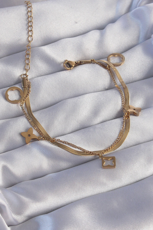 BB6181 - 316L Çelik Gold Renk Çift Zincir Yonca Tasarım Bileklik