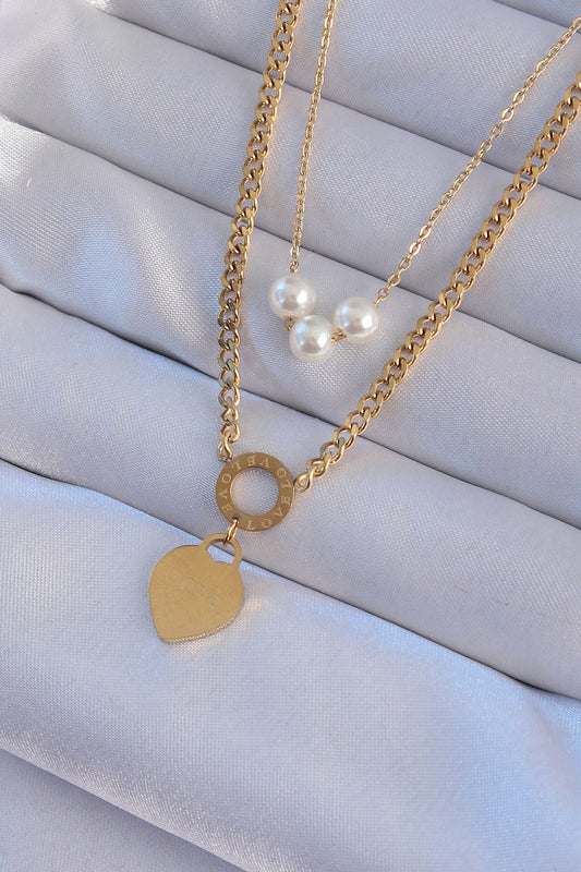 BKO8939 - 316L Çelik Gold Renk Çift Zincir İnci Detayı Love Kalp Kolye