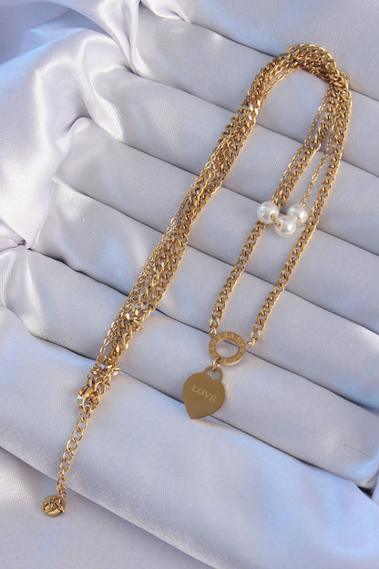 BKO8939 - 316L Çelik Gold Renk Çift Zincir İnci Detayı Love Kalp Kolye
