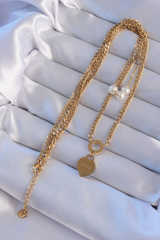 BKO8939 - 316L Çelik Gold Renk Çift Zincir İnci Detayı Love Kalp Kolye