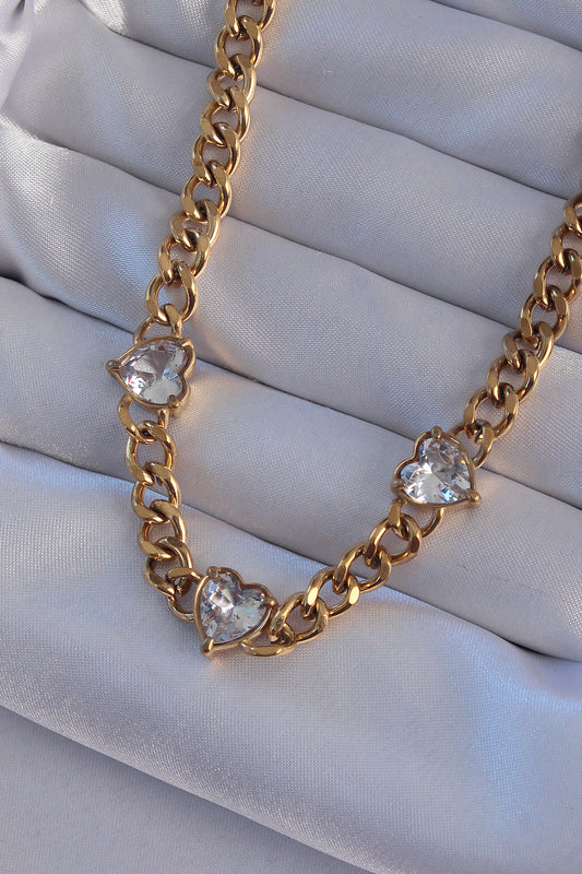 BKO8949 - 316L Çelik Gold Renk Zirkon Taşlı Kalp Model Zincir Kolye