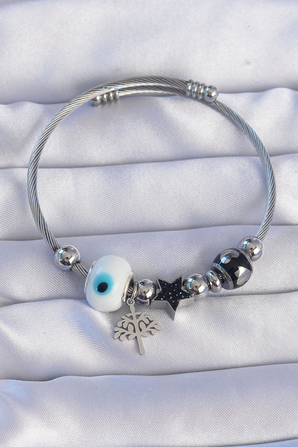 BB6198 - 316L Çelik Gümüş Renk Siyah Zirkon Taşlı Yıldız Tasarımlı Ağaç Detay Nazarlı Charm Bileklik