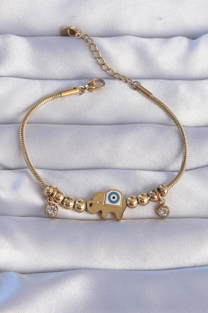 BB6202 - 316L Çelik Gold Renk Zirkon Taşlı Nazarlı Fil Tasarımlı Bileklik