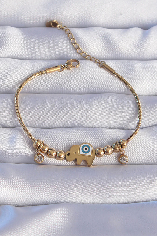 BB6202 - 316L Çelik Gold Renk Zirkon Taşlı Nazarlı Fil Tasarımlı Bileklik