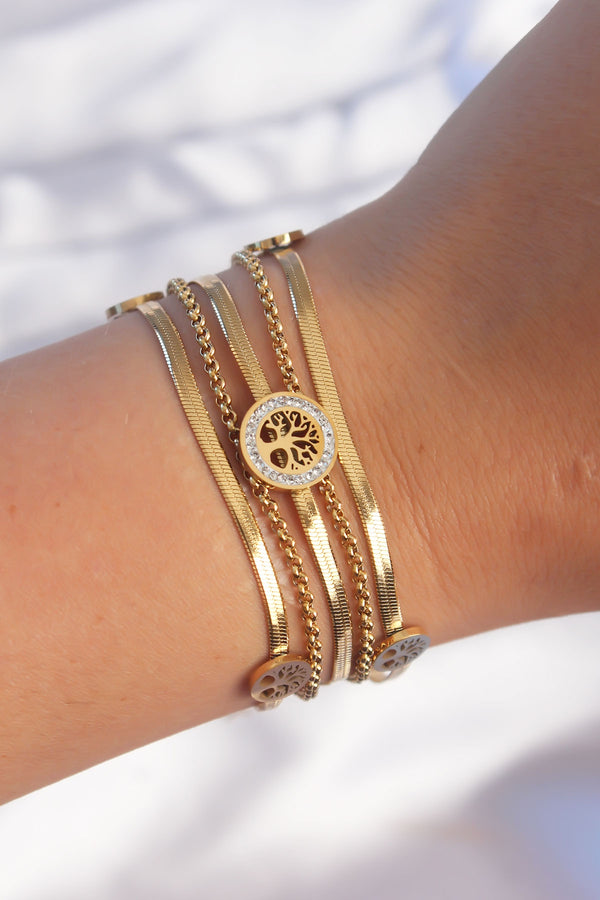 BB6205 - 316L Çelik Gold Renk İtalyan Zincir Detaylı Zirkon Taşlı Yaşam Ağacı Tasarımlı Çoklu Bileklik