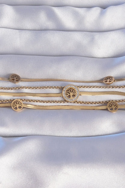 BB6205 - 316L Çelik Gold Renk İtalyan Zincir Detaylı Zirkon Taşlı Yaşam Ağacı Tasarımlı Çoklu Bileklik