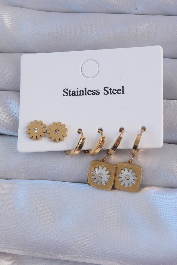 BKP9150 - 316L Çelik Gold Renk Zirkon Taşlı Sedefli Papatya Model Halka Küpe Seti