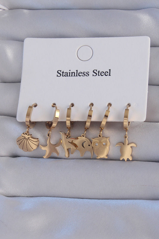 BKP9155 - 316L Çelik Gold Renk Zirkon Taşlı Hayvan Figürlü Deniz Yıldızı Model Halka Küpe Seti