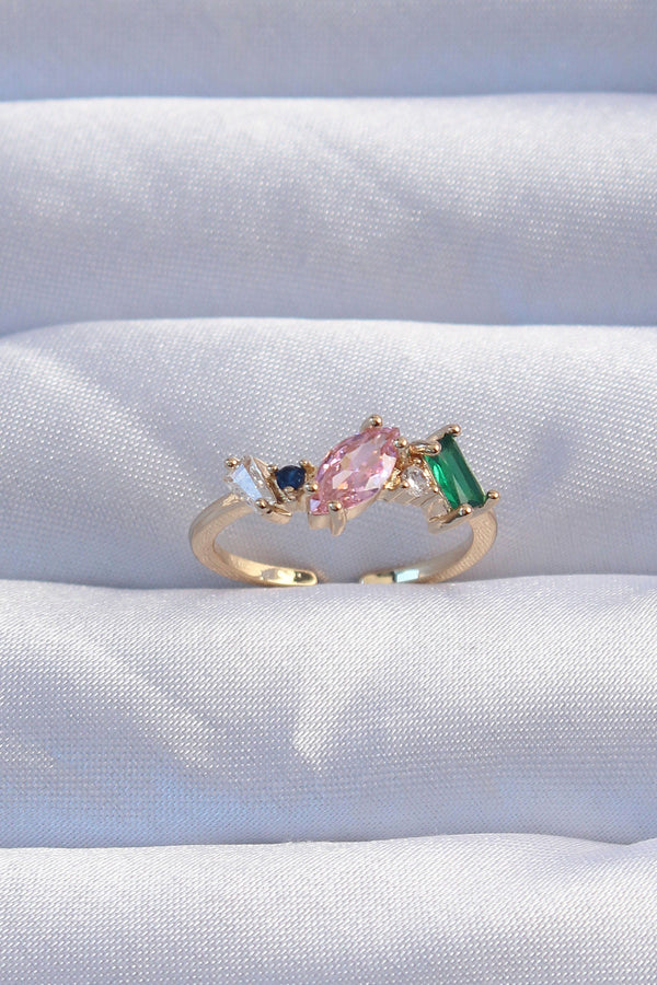 BYK3237 - Pirinç Gold Renk Renkli Zirkon Taşlı Ayarlanabilir Yüzük