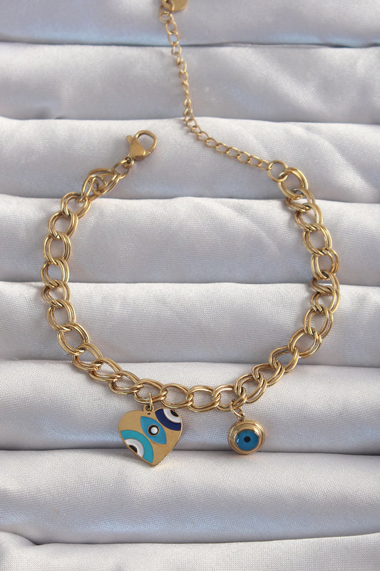 BB6227 - 316L Çelik Gold Renk Nazarlı Kalp Model Zincir Bileklik
