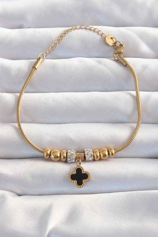 BB6229 - 316L Çelik Gold Renk Zirkon Taş Aksesuarlı Siyah Mineli Yonca Bileklik