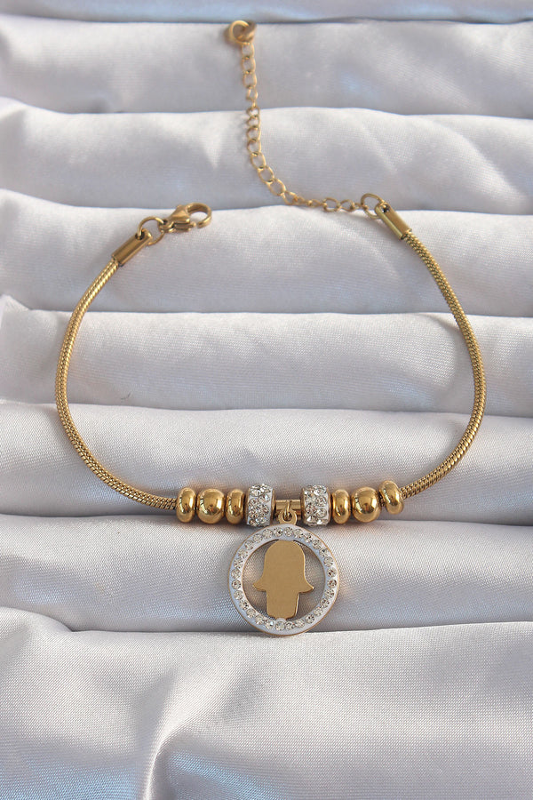 BB6233 - 316L Çelik Gold Renk Zirkon Taş Aksesuarlı Fatma Ana Eli Bileklik