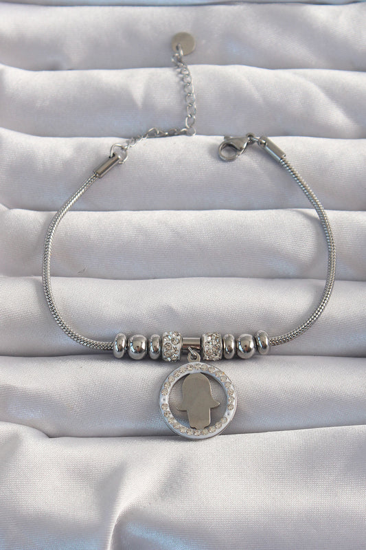 BB6234 - 316L Çelik Gümüş Renk Zirkon Taş Aksesuarlı Fatma Ana Eli Bileklik